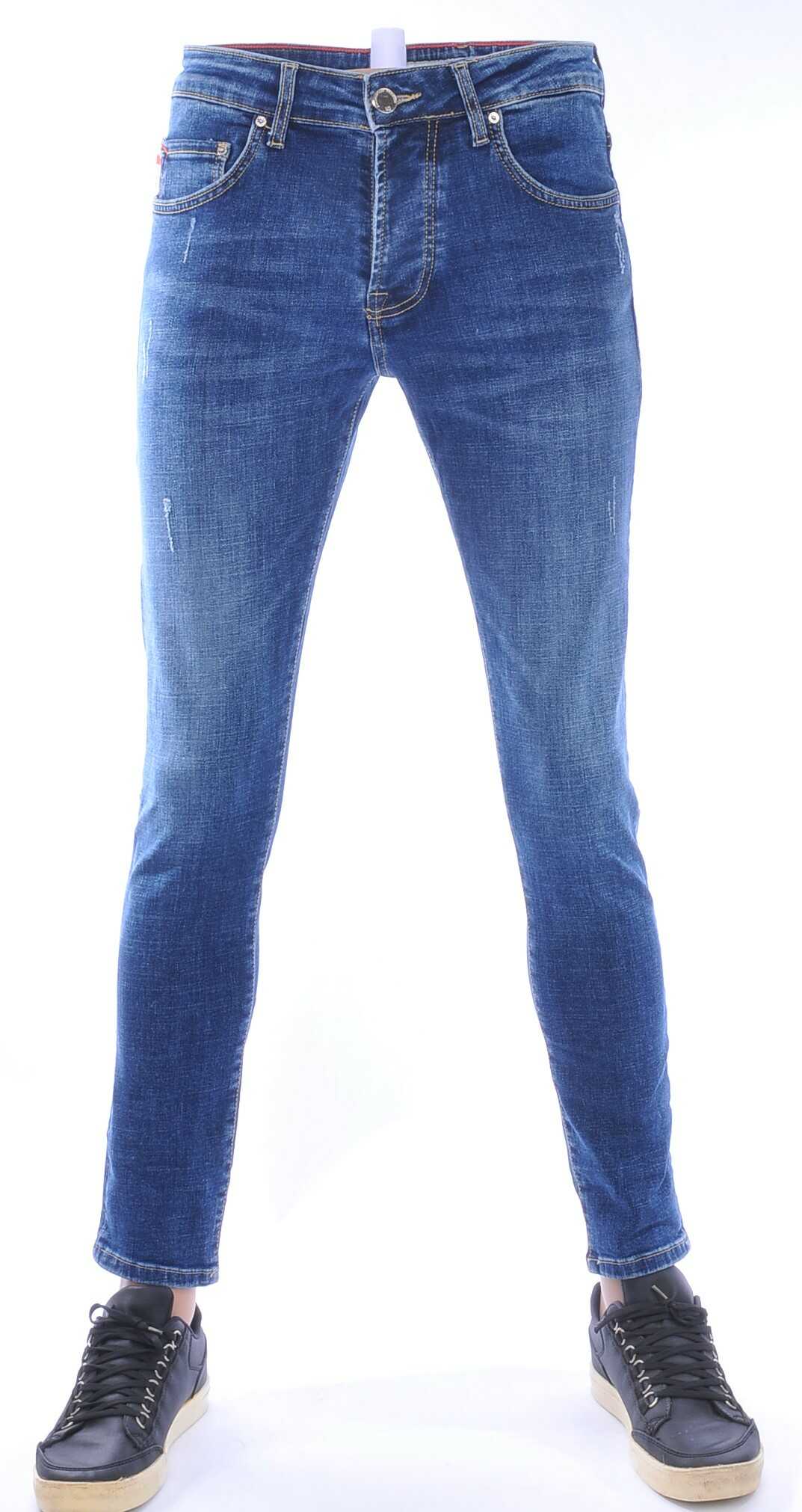 AMSTERDAM PREMIUM Trendy Vintage Wassing Slim Fit Stretch Jeans voor Heren met Contrast Stiksels – Blauw