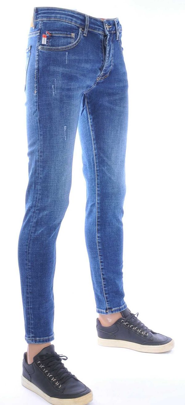 AMSTERDAM PREMIUM Trendy Vintage Wassing Slim Fit Stretch Jeans voor Heren met Contrast Stiksels – Blauw