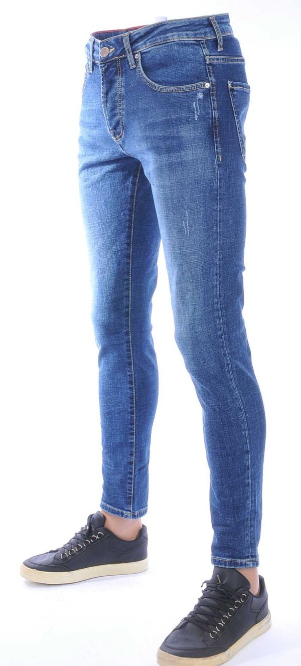 AMSTERDAM PREMIUM Trendy Vintage Wassing Slim Fit Stretch Jeans voor Heren met Contrast Stiksels – Blauw