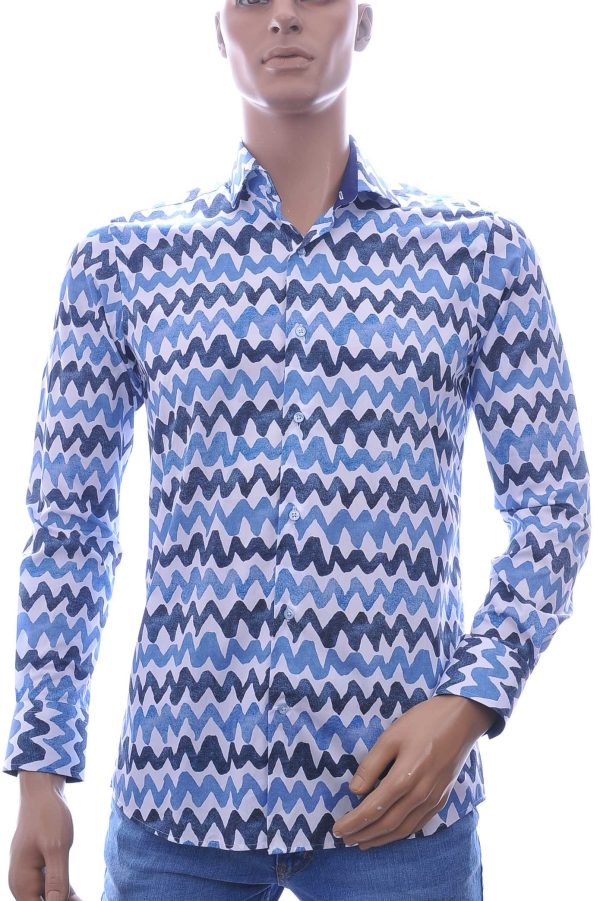 CORRINO OLYMP State of Art Blue Industry A fish named fred Wolff Blitz Moncler DIOR Philipp Plein PRADA Louis Vuitton GUCCI VERSACE KENZO Dsquared2 Levi's CHASIN G-STAR DOLCE & GABBANA DIESEL PME LEGEND WAM DENIM LACOSTE modern fit allover horizontaal golven dessin heren overhemd Blauw