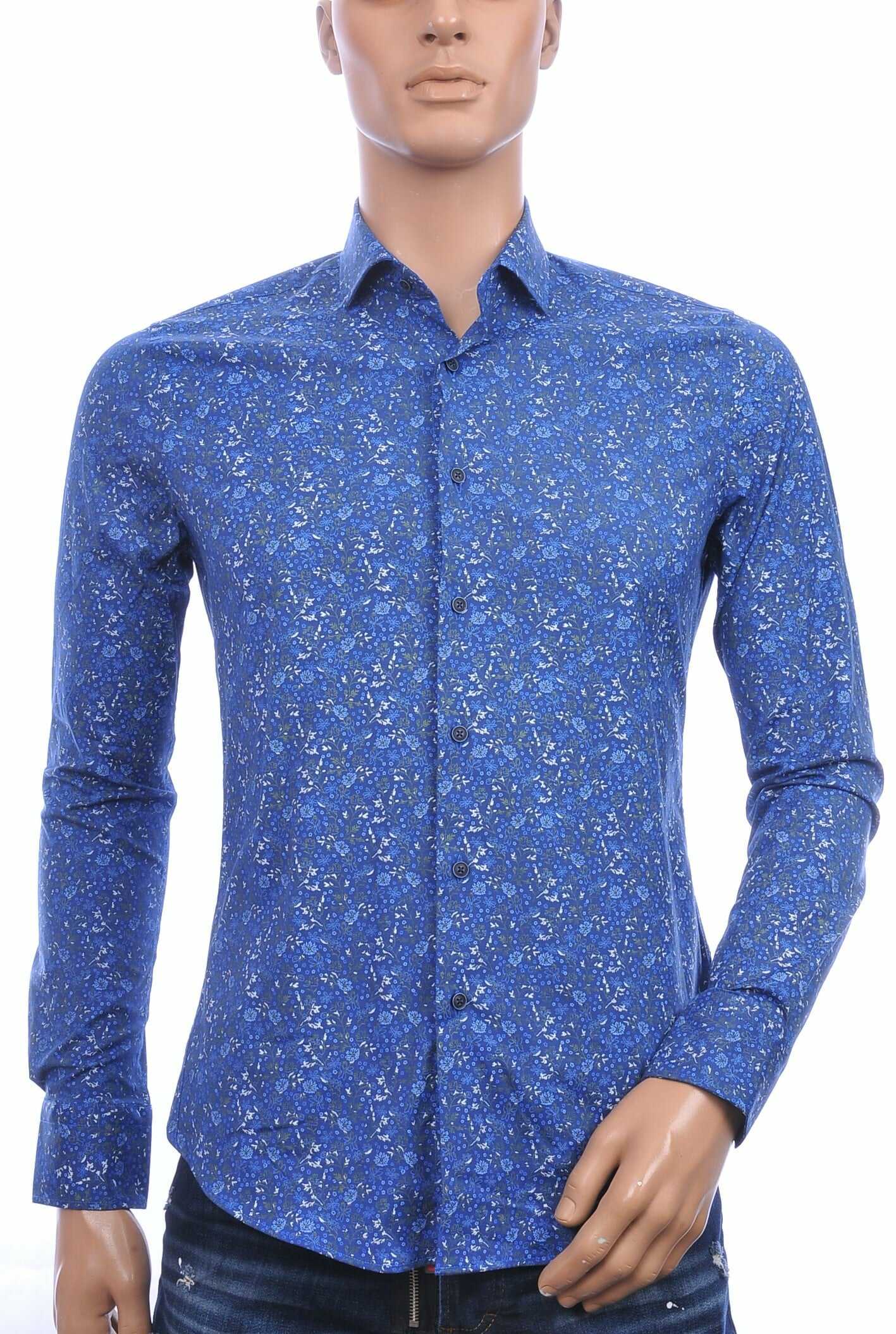 BERZO getailleerd allover bloemen dessin slim fit heren overhemd Navy