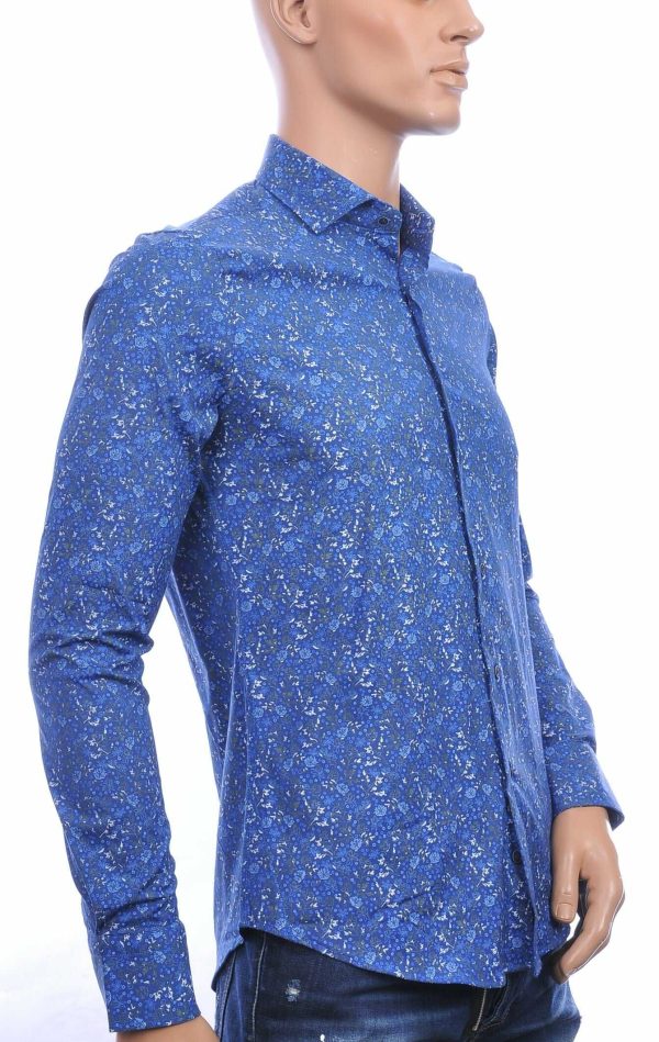 BERZO getailleerd allover bloemen dessin slim fit heren overhemd Navy