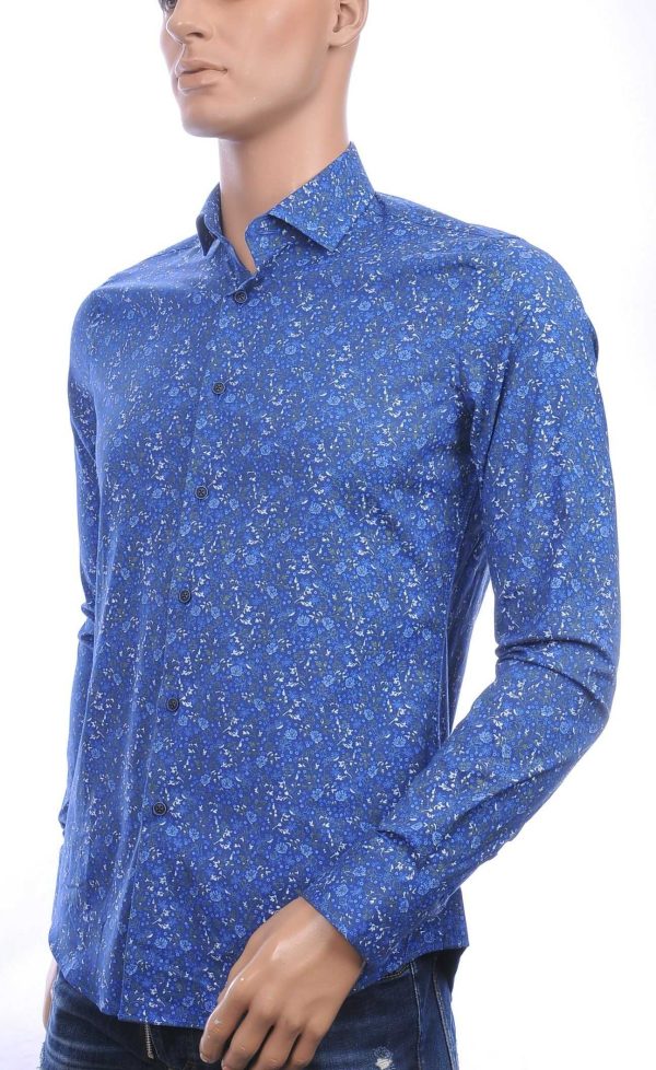 BERZO getailleerd allover bloemen dessin slim fit heren overhemd Navy