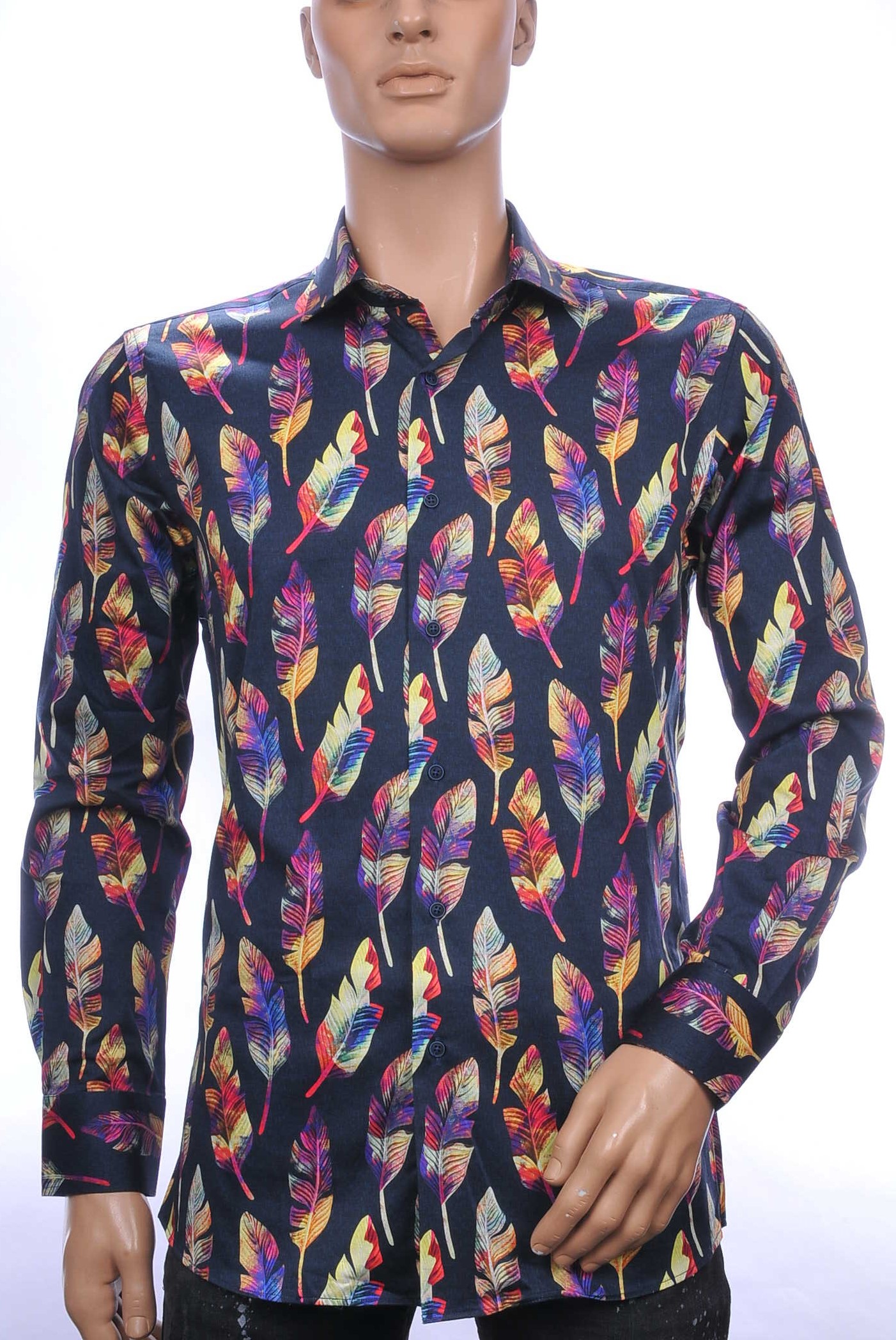 Corrino modern fit allover kleurrijk veren dessin heren overhemd Zwart