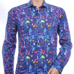 GABANO Italiaanse slim fit getailleerd allover kunst motieven dessin heren overhemd Navy