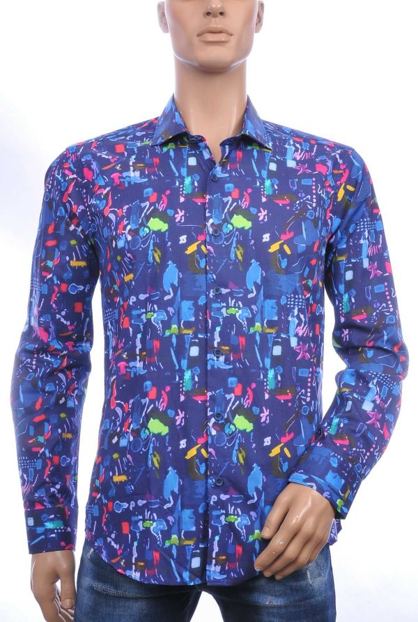 GABANO Italiaanse slim fit getailleerd allover kunst motieven dessin heren overhemd Navy