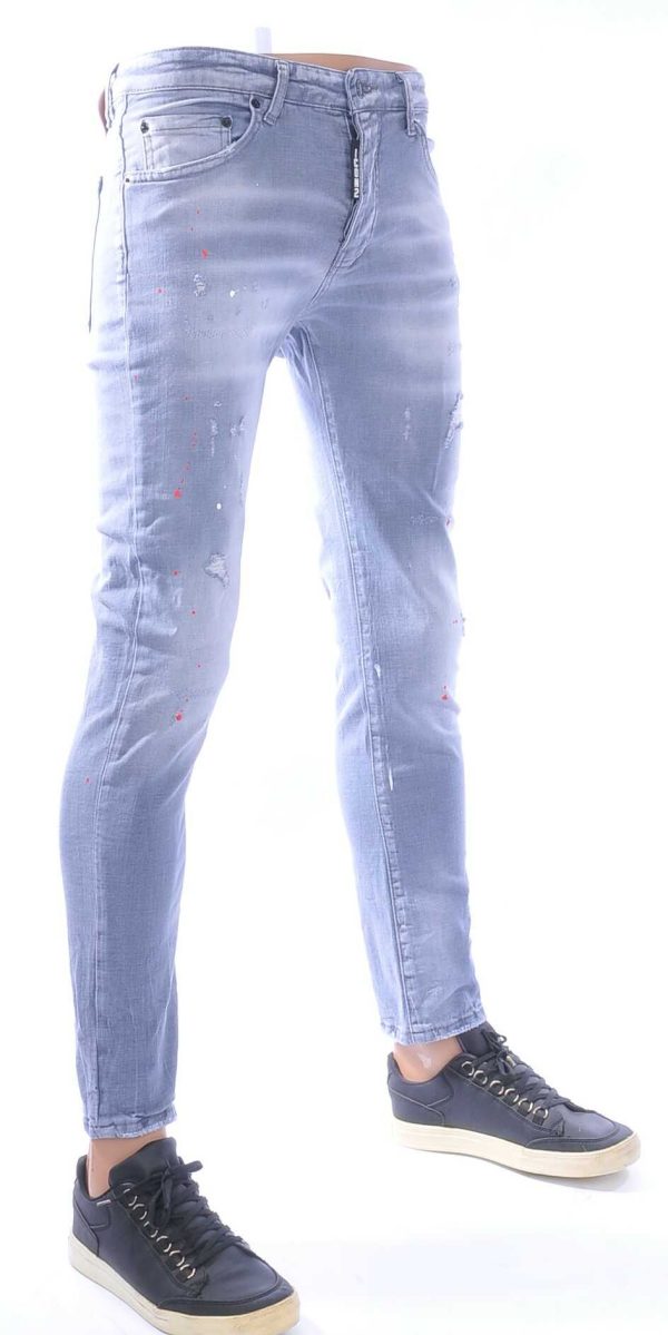 ICON2 Hippe Gescheurde Slim Fit Stretch Heren Jeans met Verfspatten – Grijs | Trendy en Comfortabel