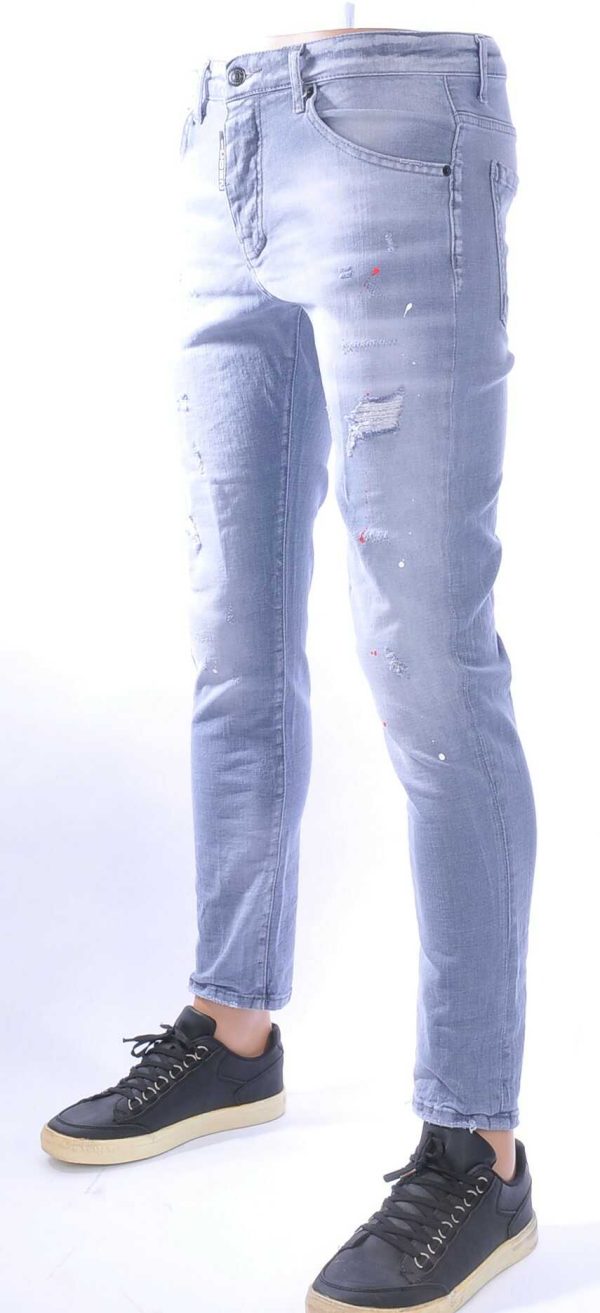 ICON2 Hippe Gescheurde Slim Fit Stretch Heren Jeans met Verfspatten – Grijs | Trendy en Comfortabel