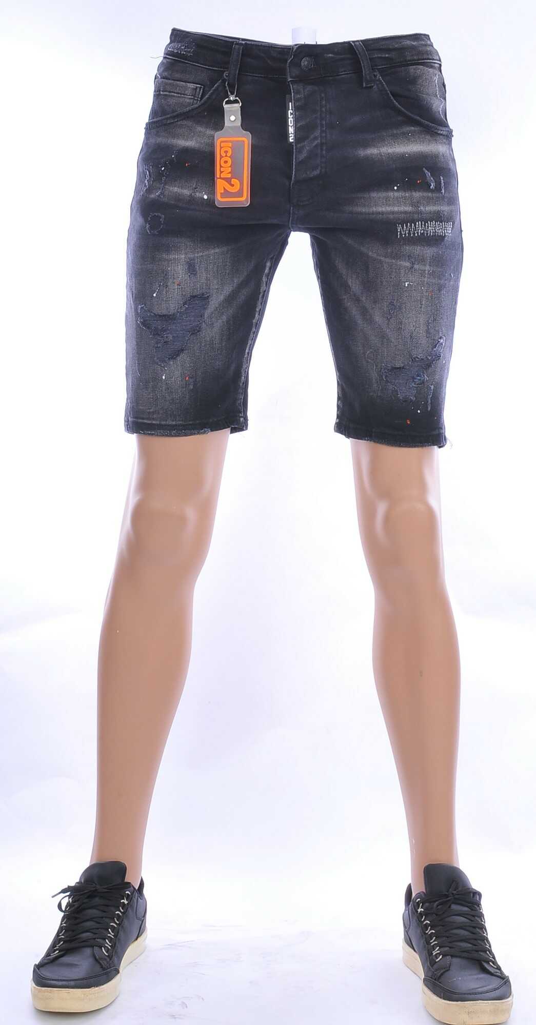 ICON2 hippie gescheurde slim fit heren korte spijkerbroek met verfspatten Zwart