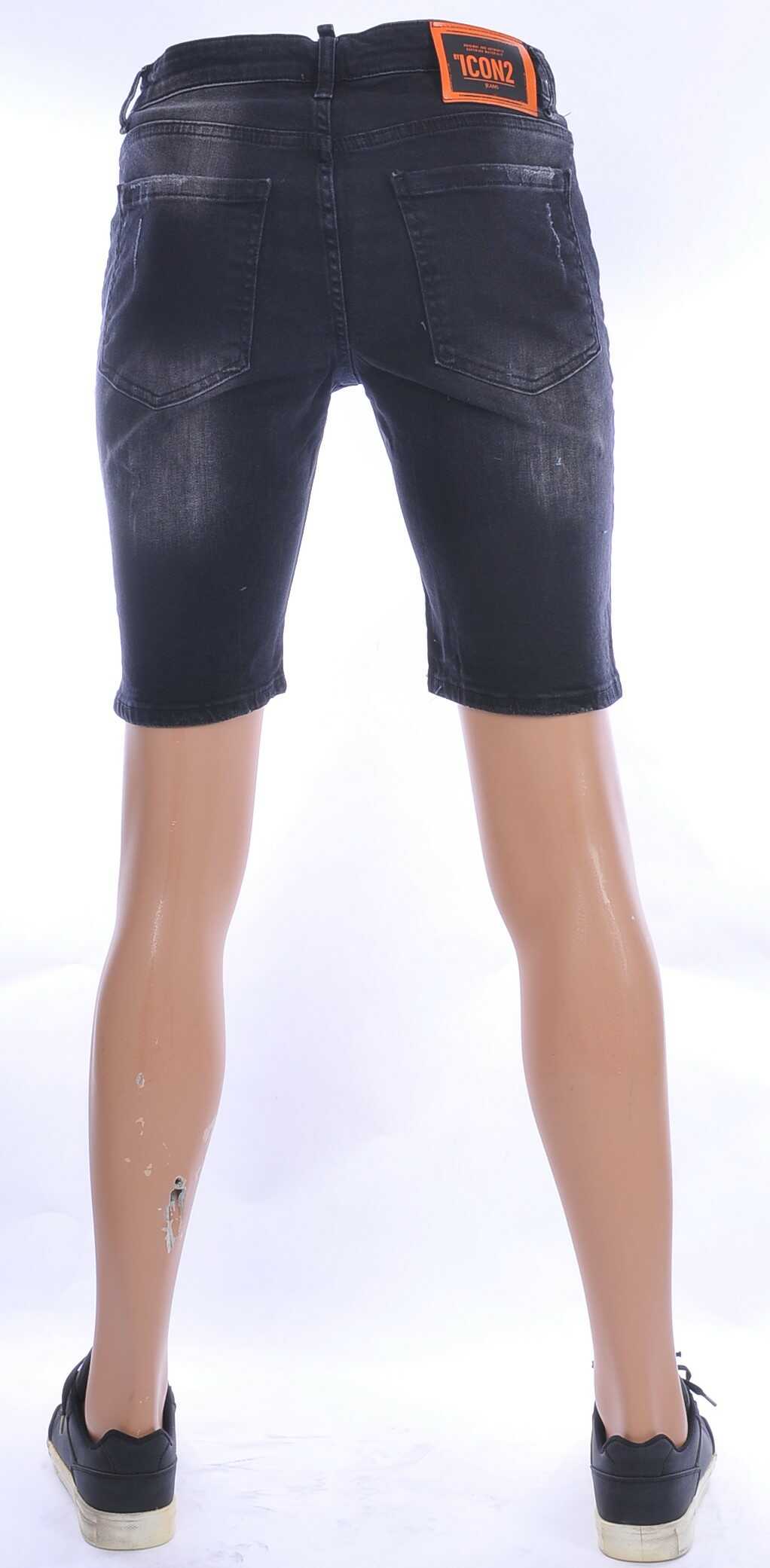 ICON2 hippie gescheurde slim fit heren korte spijkerbroek met verfspatten Zwart