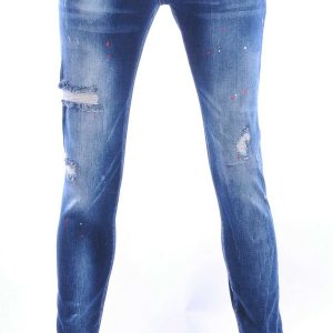 ICON2 hippie gescheurde slim fit stretch heren jeans met verfspatten Blauw