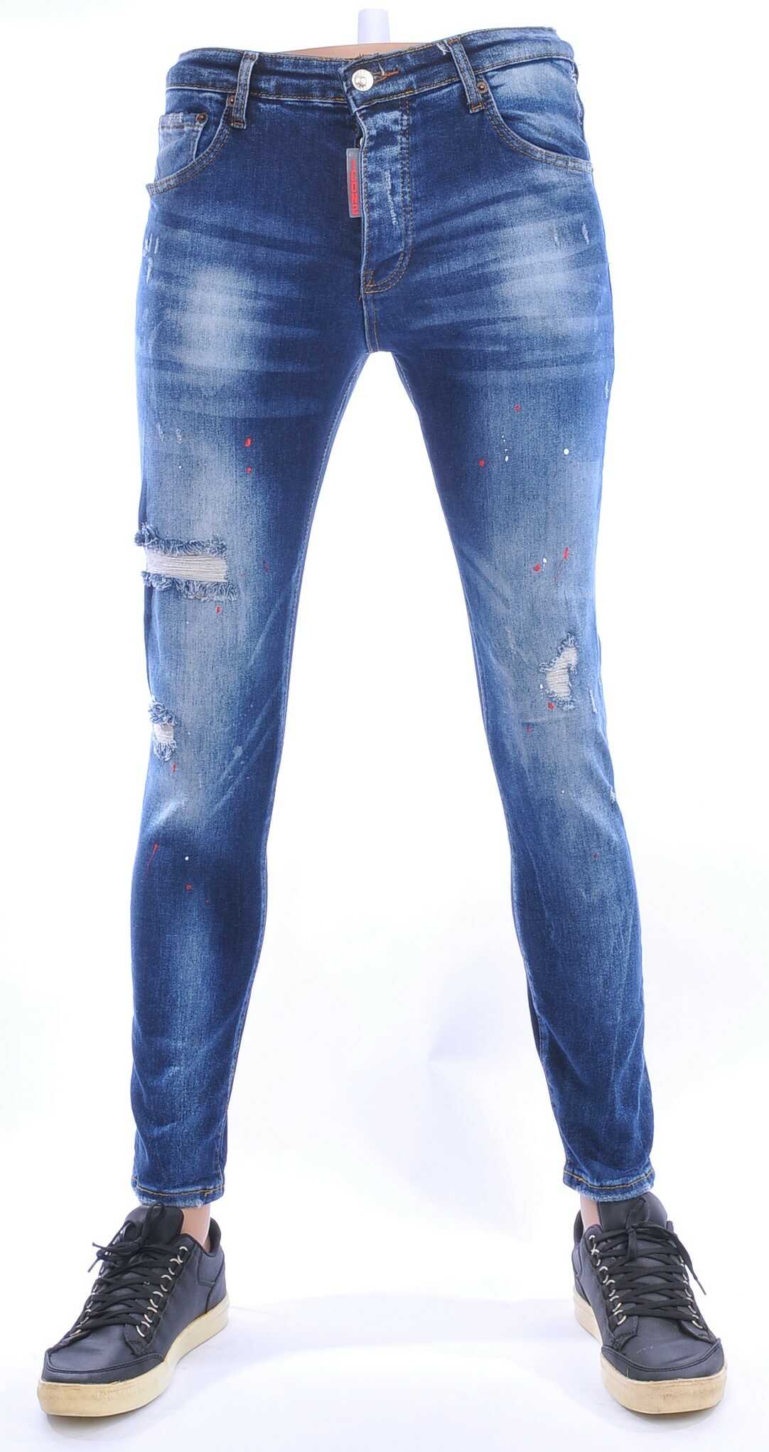 ICON2 hippie gescheurde slim fit stretch heren jeans met verfspatten Blauw