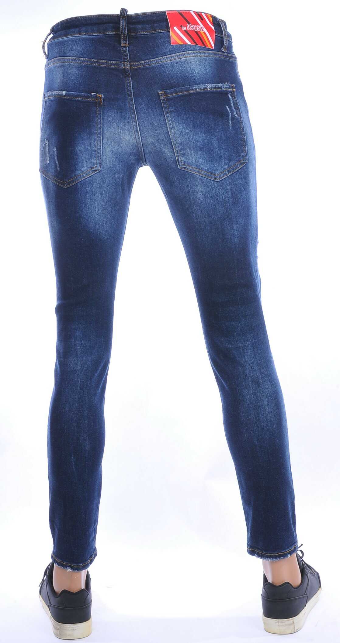 ICON2 hippie gescheurde slim fit stretch heren jeans met verfspatten Blauw