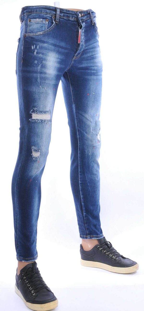 ICON2 hippie gescheurde slim fit stretch heren jeans met verfspatten Blauw