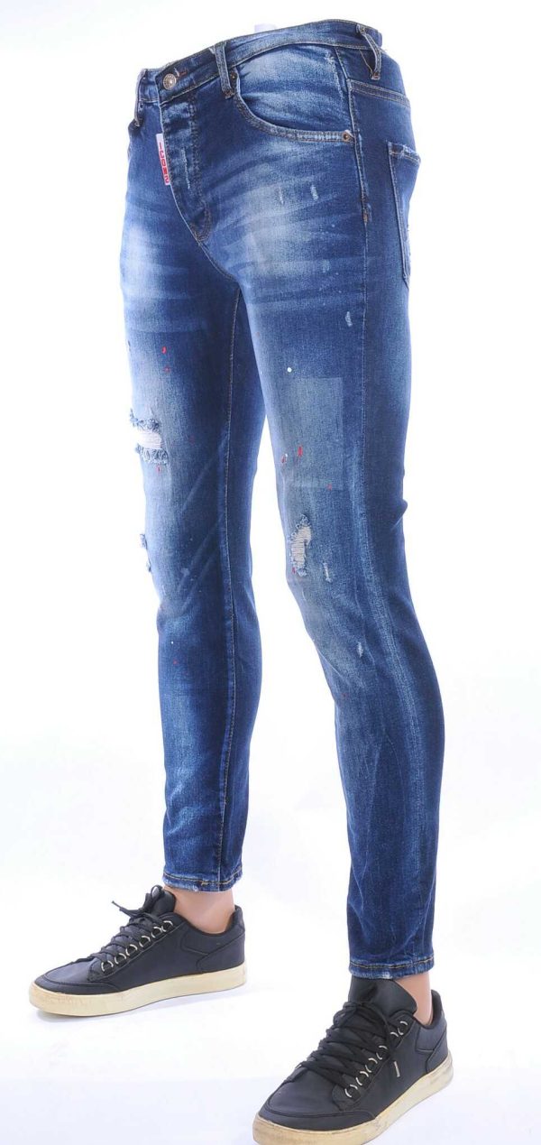 ICON2 hippie gescheurde slim fit stretch heren jeans met verfspatten Blauw
