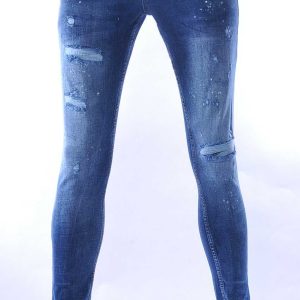 ICON2 hippie gescheurde slim fit stretch heren jeans met verfspatten Blauw
