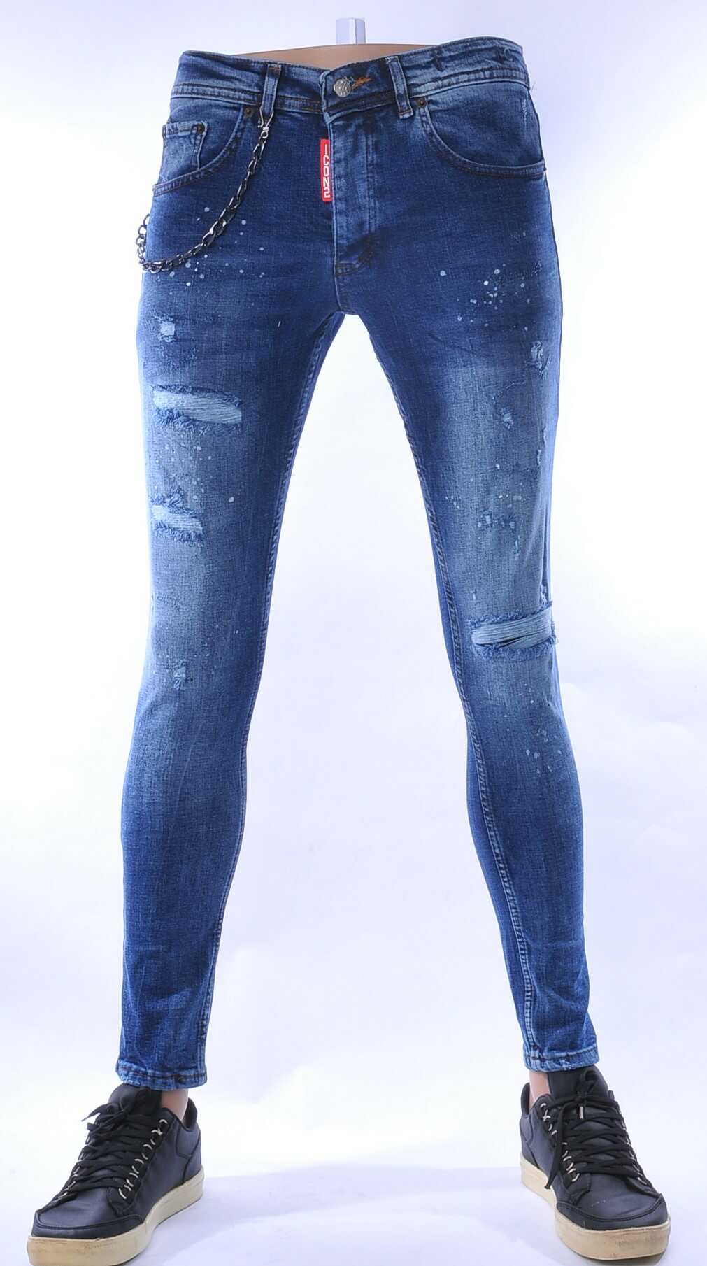 ICON2 hippie gescheurde slim fit stretch heren jeans met verfspatten Blauw