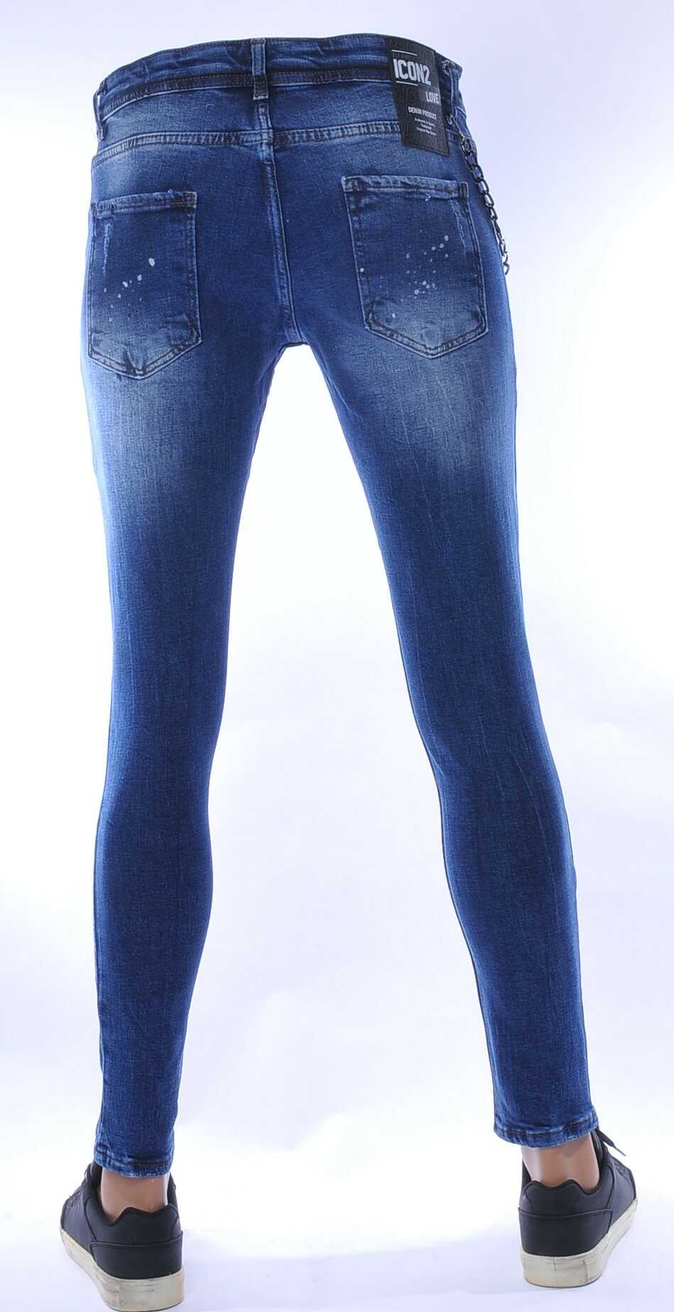 ICON2 hippie gescheurde slim fit stretch heren jeans met verfspatten Blauw