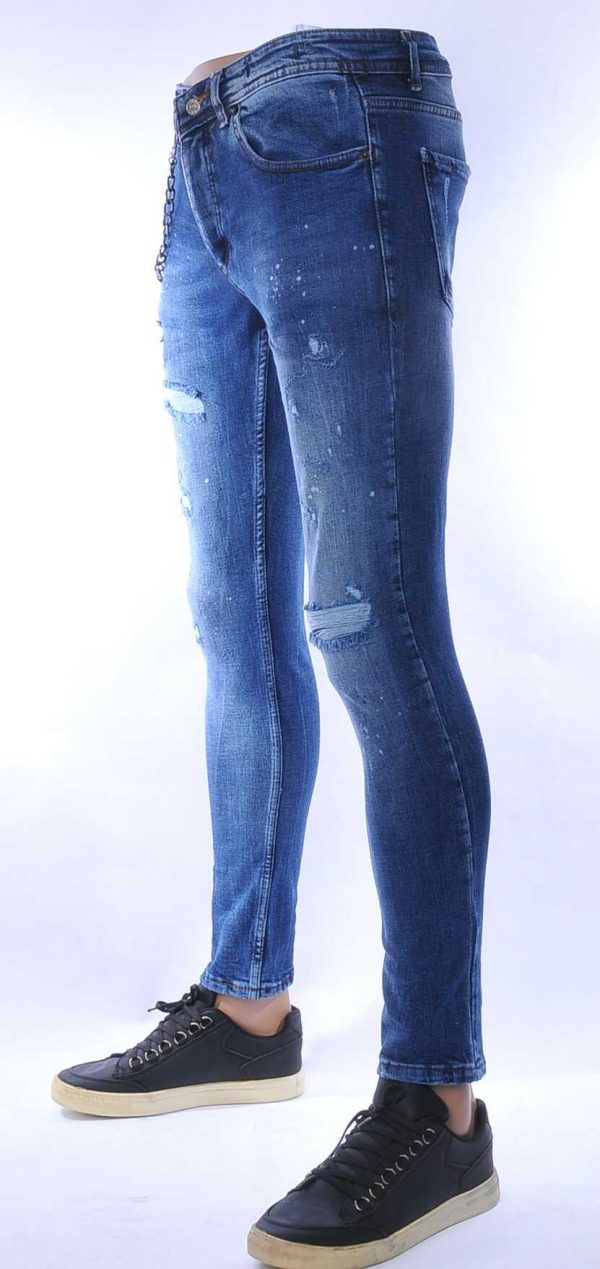 ICON2 hippie gescheurde slim fit stretch heren jeans met verfspatten Blauw