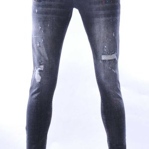 ICON2 hippie gescheurde slim fit stretch heren jeans met verfspatten Zwart