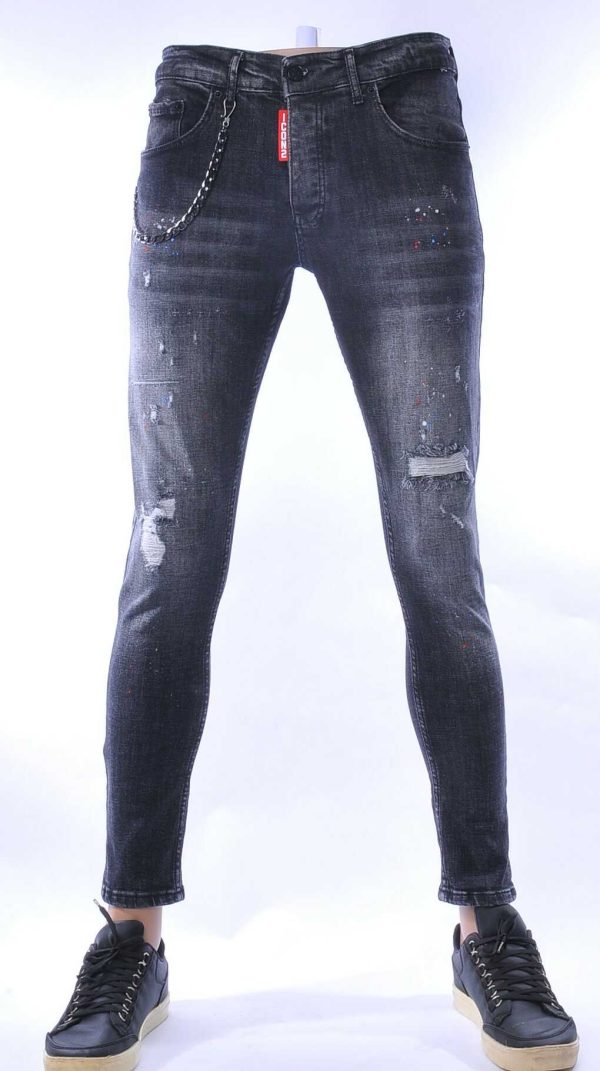 ICON2 hippie gescheurde slim fit stretch heren jeans met verfspatten Zwart