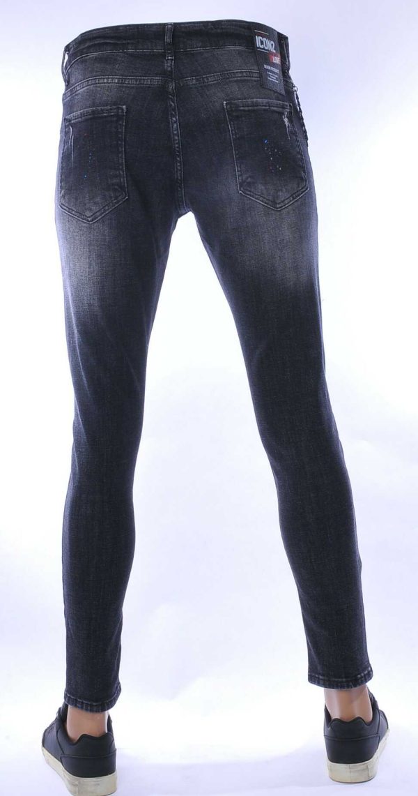 ICON2 hippie gescheurde slim fit stretch heren jeans met verfspatten Zwart