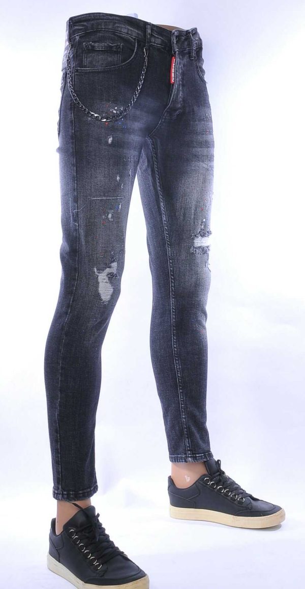 ICON2 hippie gescheurde slim fit stretch heren jeans met verfspatten Zwart