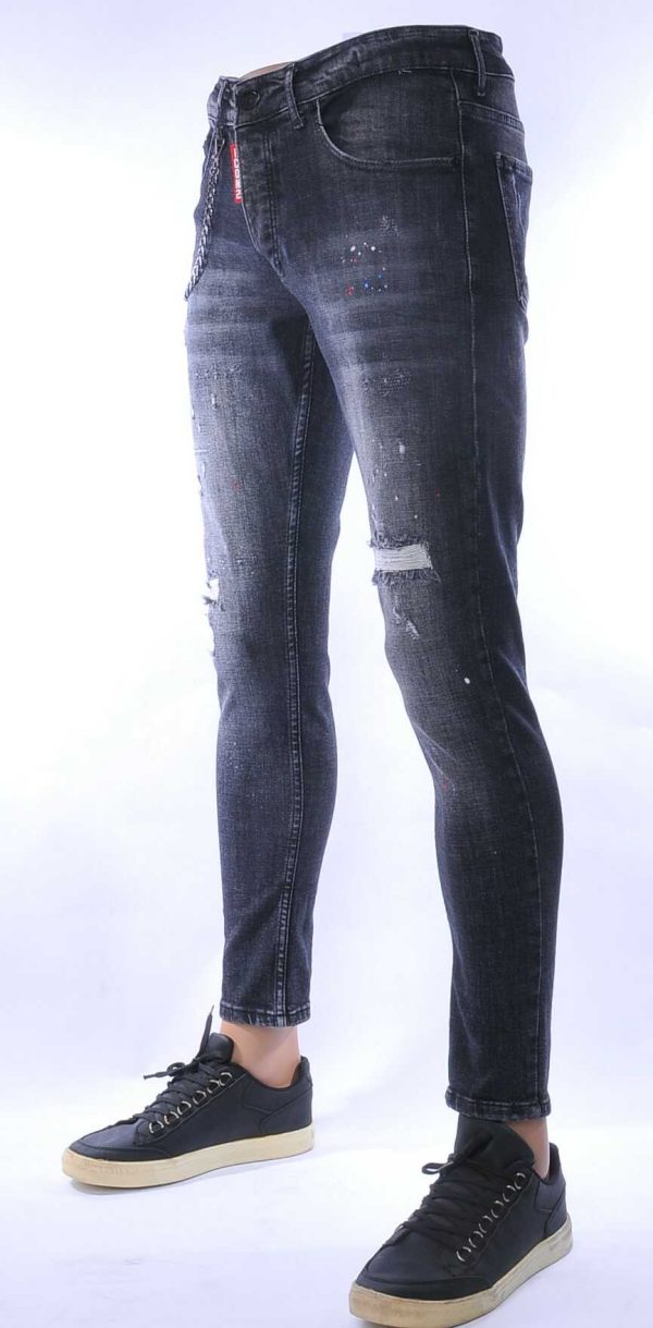 ICON2 hippie gescheurde slim fit stretch heren jeans met verfspatten Zwart