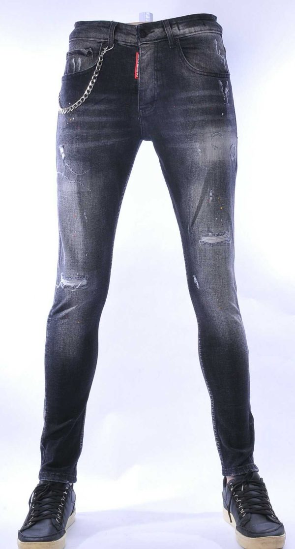 ICON2 hippie gescheurde slim fit stretch heren jeans met verfspatten Zwart