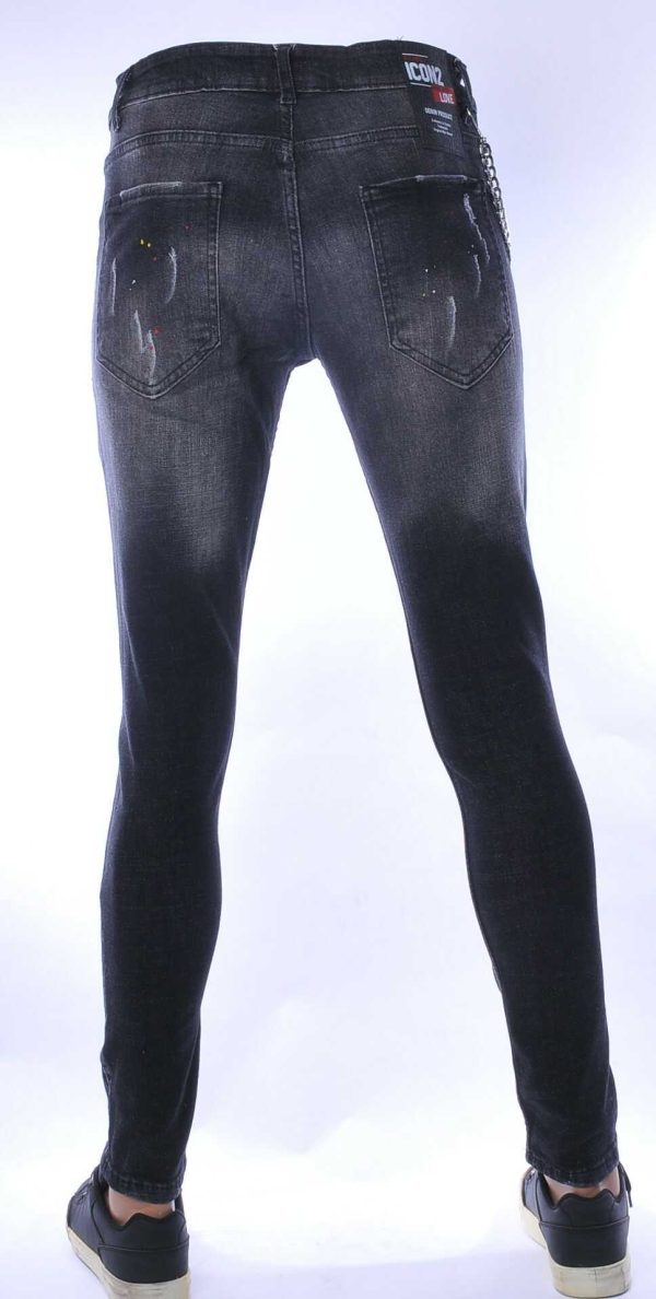 ICON2 hippie gescheurde slim fit stretch heren jeans met verfspatten Zwart