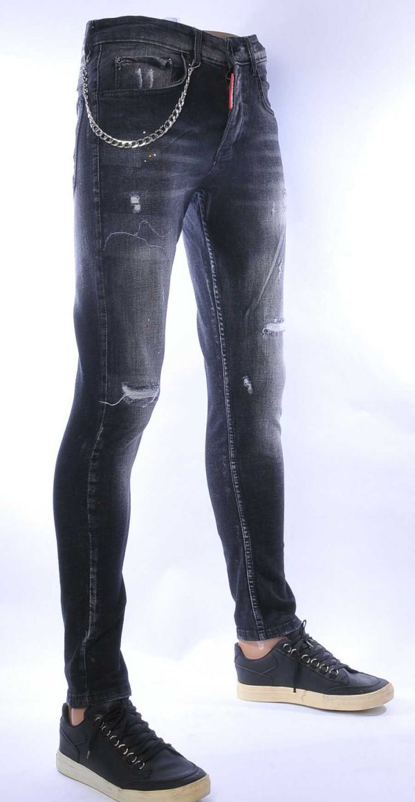 ICON2 hippie gescheurde slim fit stretch heren jeans met verfspatten Zwart