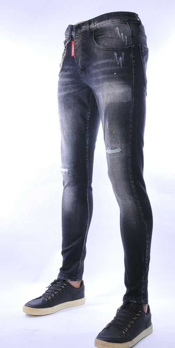 ICON2 hippie gescheurde slim fit stretch heren jeans met verfspatten Zwart