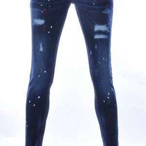 ICON hippie gescheurde slim fit stretch heren jeans met verfspatten Blauw