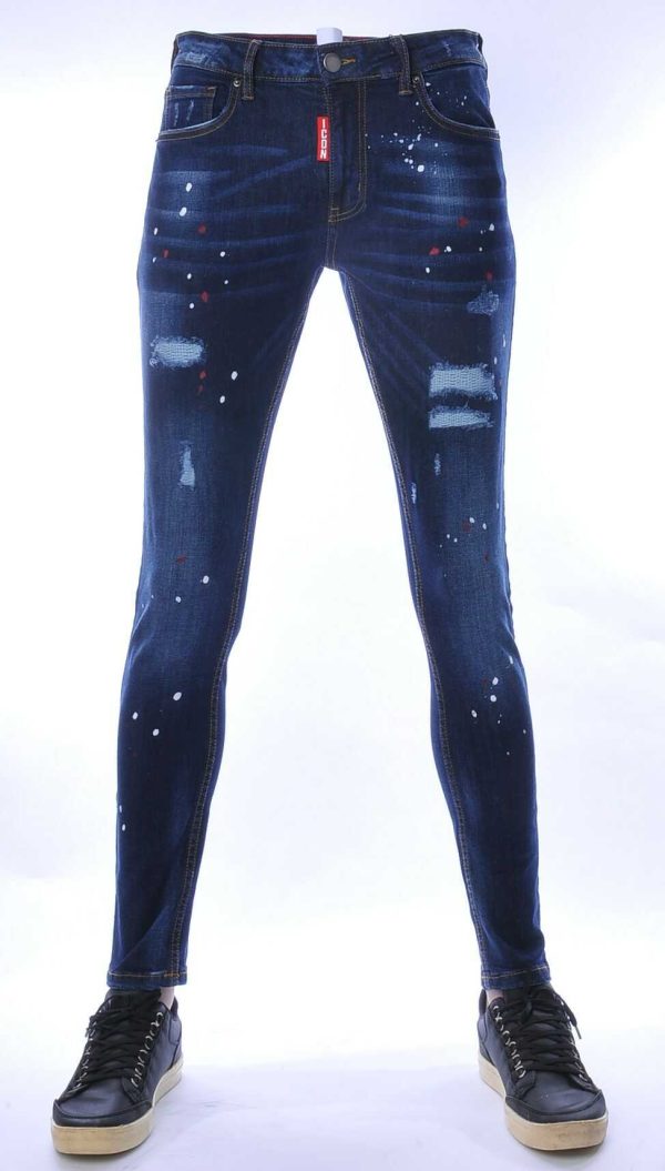 ICON hippie gescheurde slim fit stretch heren jeans met verfspatten Blauw
