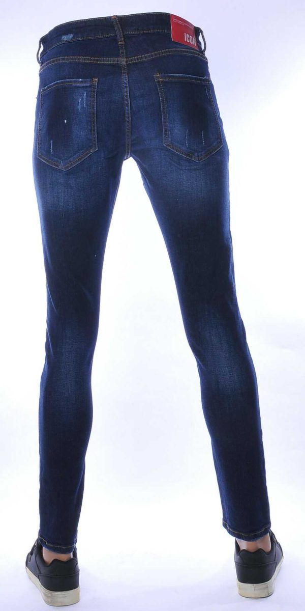 ICON hippie gescheurde slim fit stretch heren jeans met verfspatten Blauw