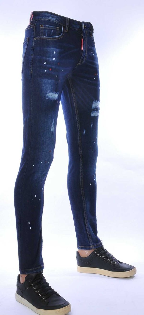ICON hippie gescheurde slim fit stretch heren jeans met verfspatten Blauw