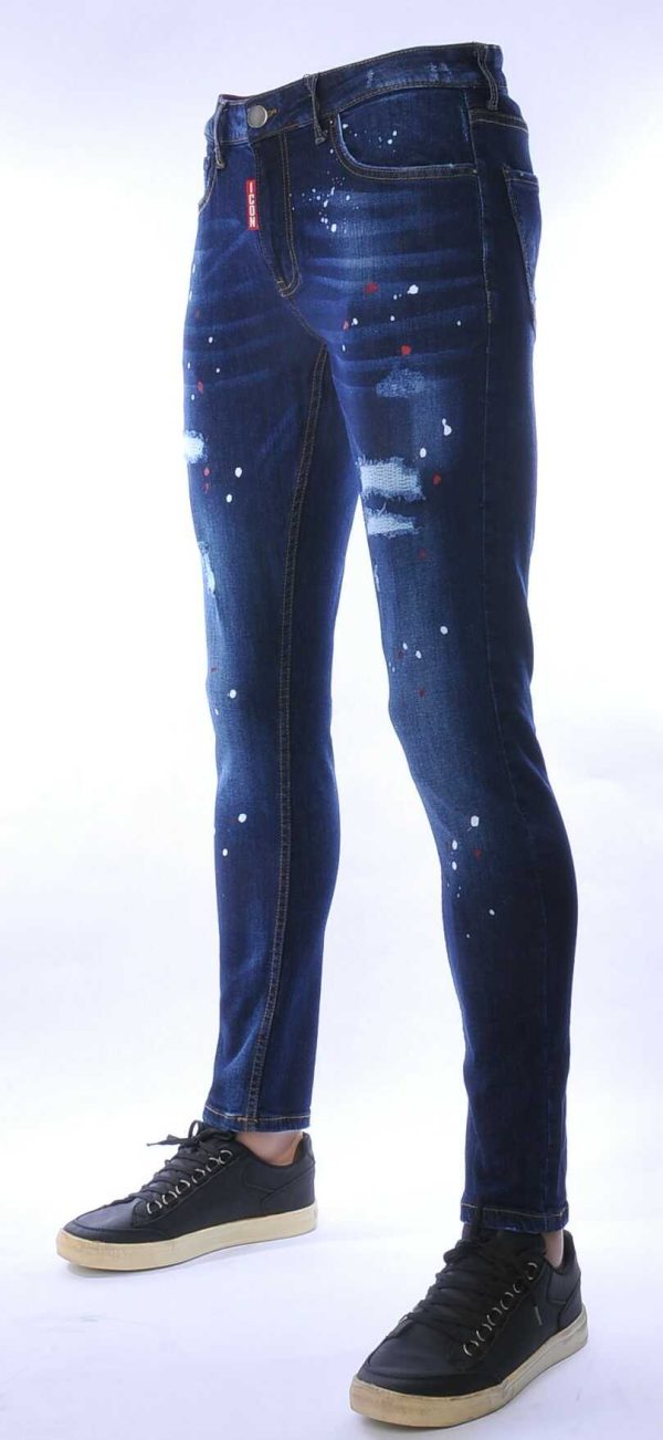 ICON hippie gescheurde slim fit stretch heren jeans met verfspatten Blauw