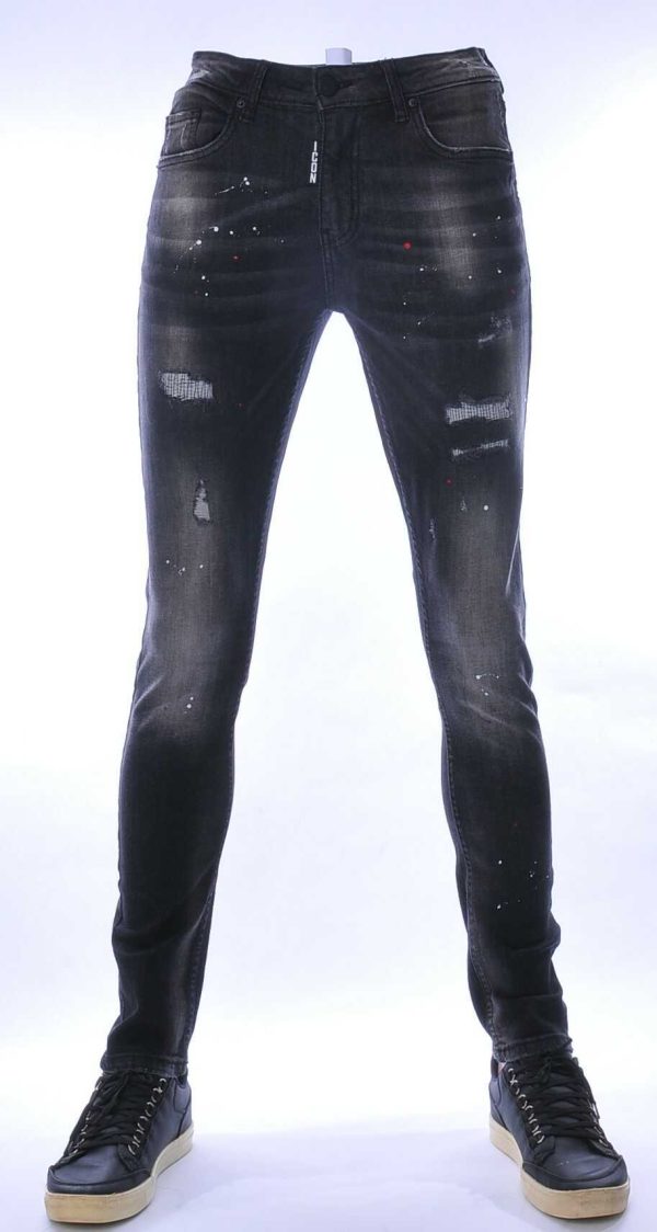 ICON hippie gescheurde slim fit stretch heren jeans met verfspatten Zwart