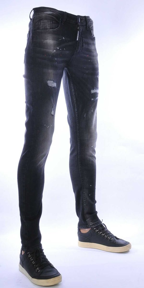 ICON hippie gescheurde slim fit stretch heren jeans met verfspatten Zwart
