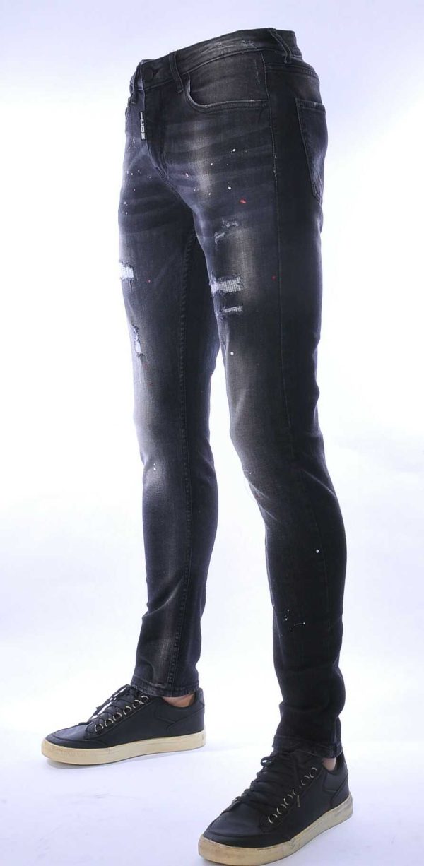 ICON hippie gescheurde slim fit stretch heren jeans met verfspatten Zwart
