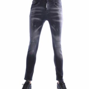ICON2 Hippie Gescheurde Slim Fit Stretch Heren Jeans met Verfspatten - Zwart