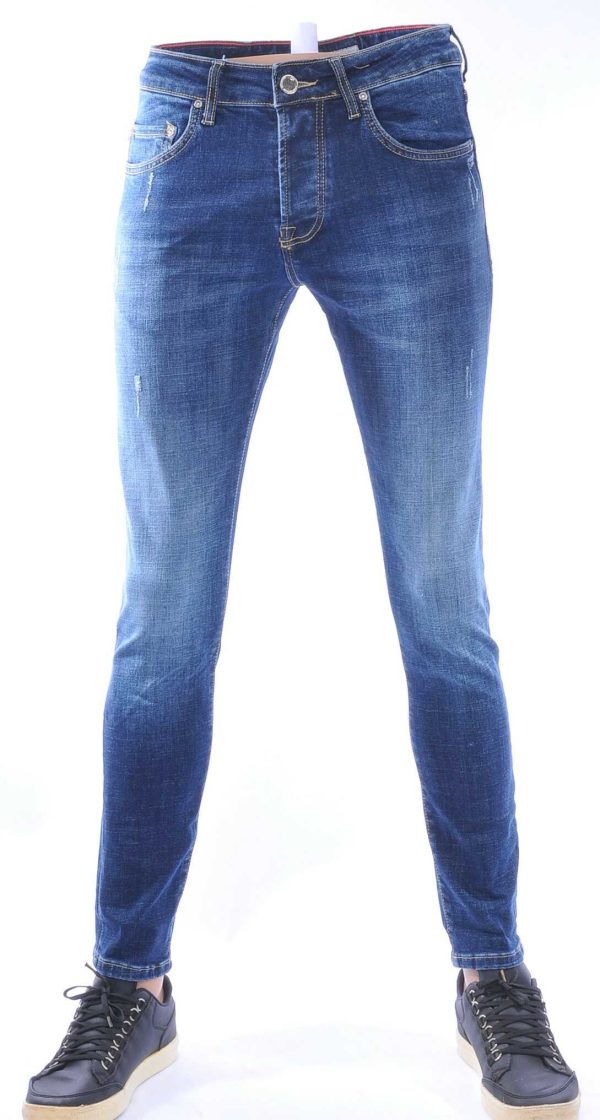 AMSTERDAM PREMIUM Trendy Vintage Wassing Slim Fit Stretch Jeans voor Heren met Contrast Stiksels – Blauw