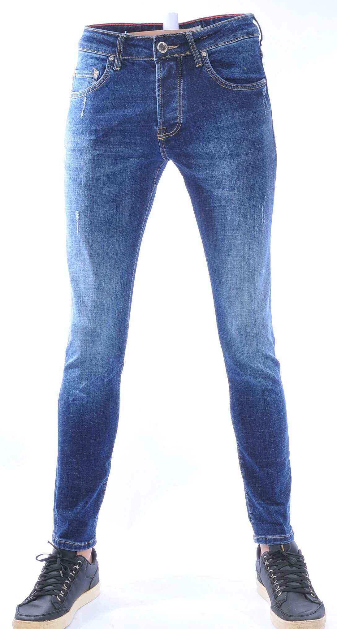 AMSTERDAM PREMIUM Trendy Vintage Wassing Slim Fit Stretch Jeans voor Heren met Contrast Stiksels – Blauw