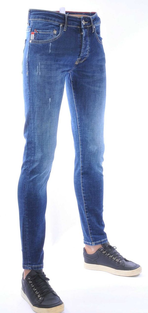 AMSTERDAM PREMIUM Trendy Vintage Wassing Slim Fit Stretch Jeans voor Heren met Contrast Stiksels – Blauw