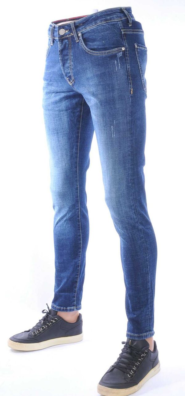 AMSTERDAM PREMIUM Trendy Vintage Wassing Slim Fit Stretch Jeans voor Heren met Contrast Stiksels – Blauw