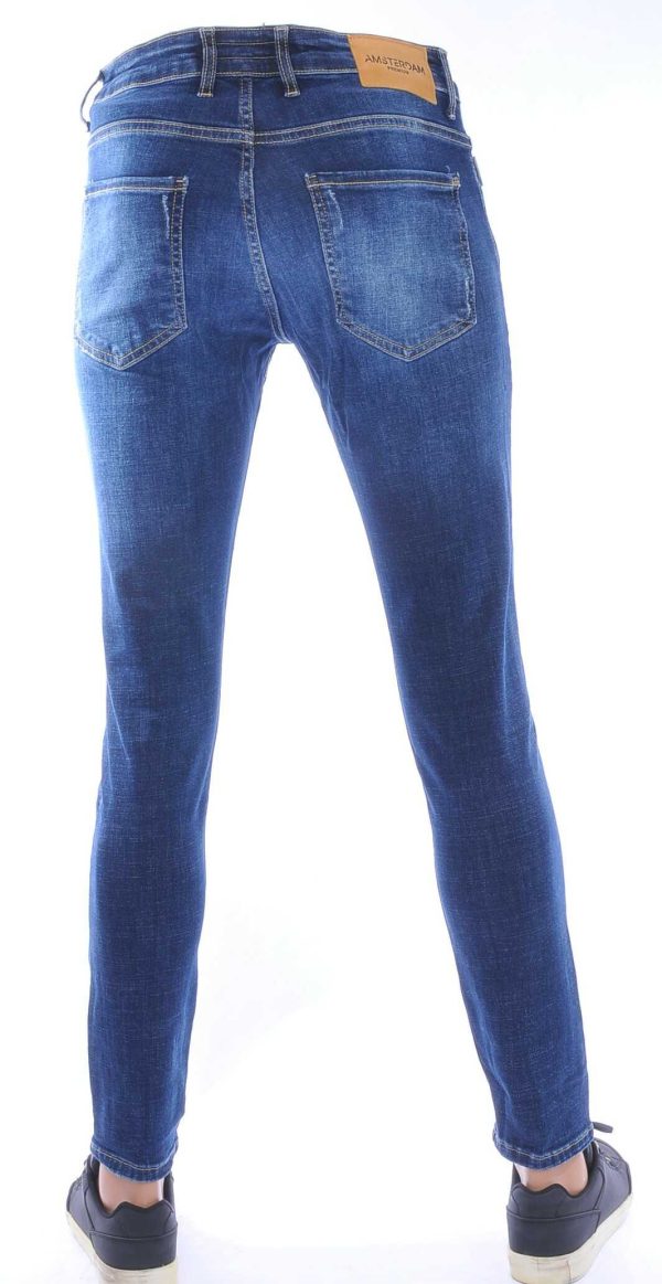 AMSTERDAM PREMIUM Trendy Vintage Wassing Slim Fit Stretch Jeans voor Heren met Contrast Stiksels – Blauw