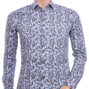BERZO getailleerd allover verticale golfjes dessin slim fit heren overhemd Zwart