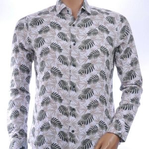 CORRINO Italiaans Slim Fit Heren Overhemd met Allover Bladeren Print – Wit
