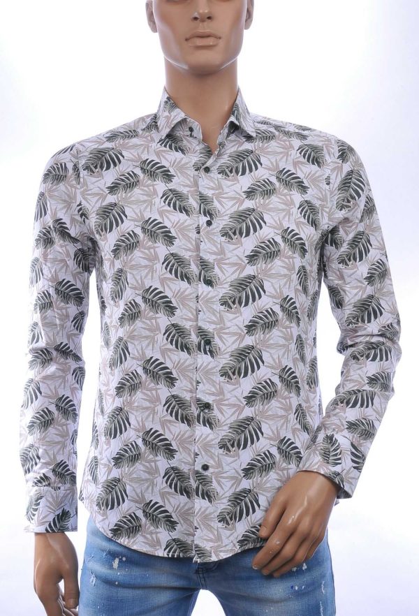 CORRINO Italiaans Slim Fit Heren Overhemd met Allover Bladeren Print – Wit