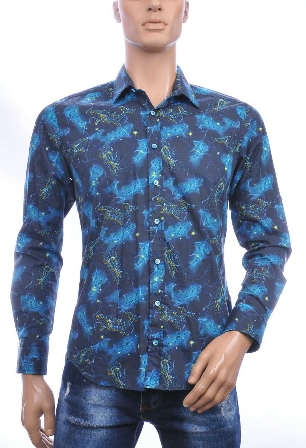 GABANO Italiaans slim fit getailleerd allover kwallen en walvissen dessin heren overhemd Zwart